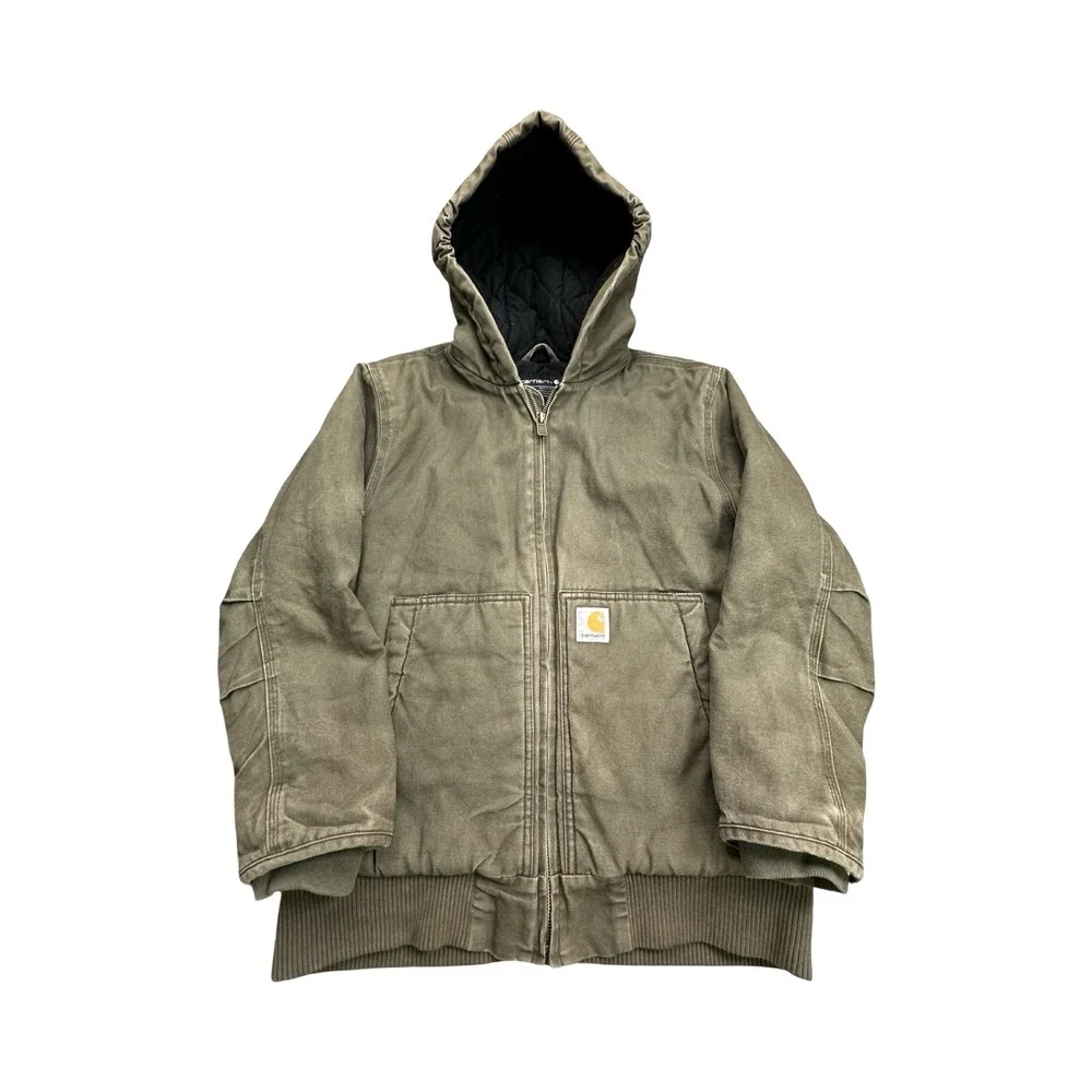 Carhartt Jacket Kids M Olive Green OJ8545-B Active Hooded Canvas Quilted Lined